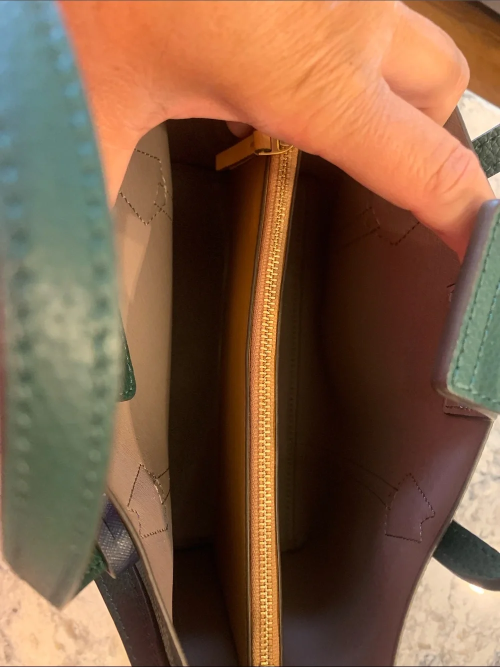 Tory Burch Deep Green Pebbled Leather Tote with Logo Charm